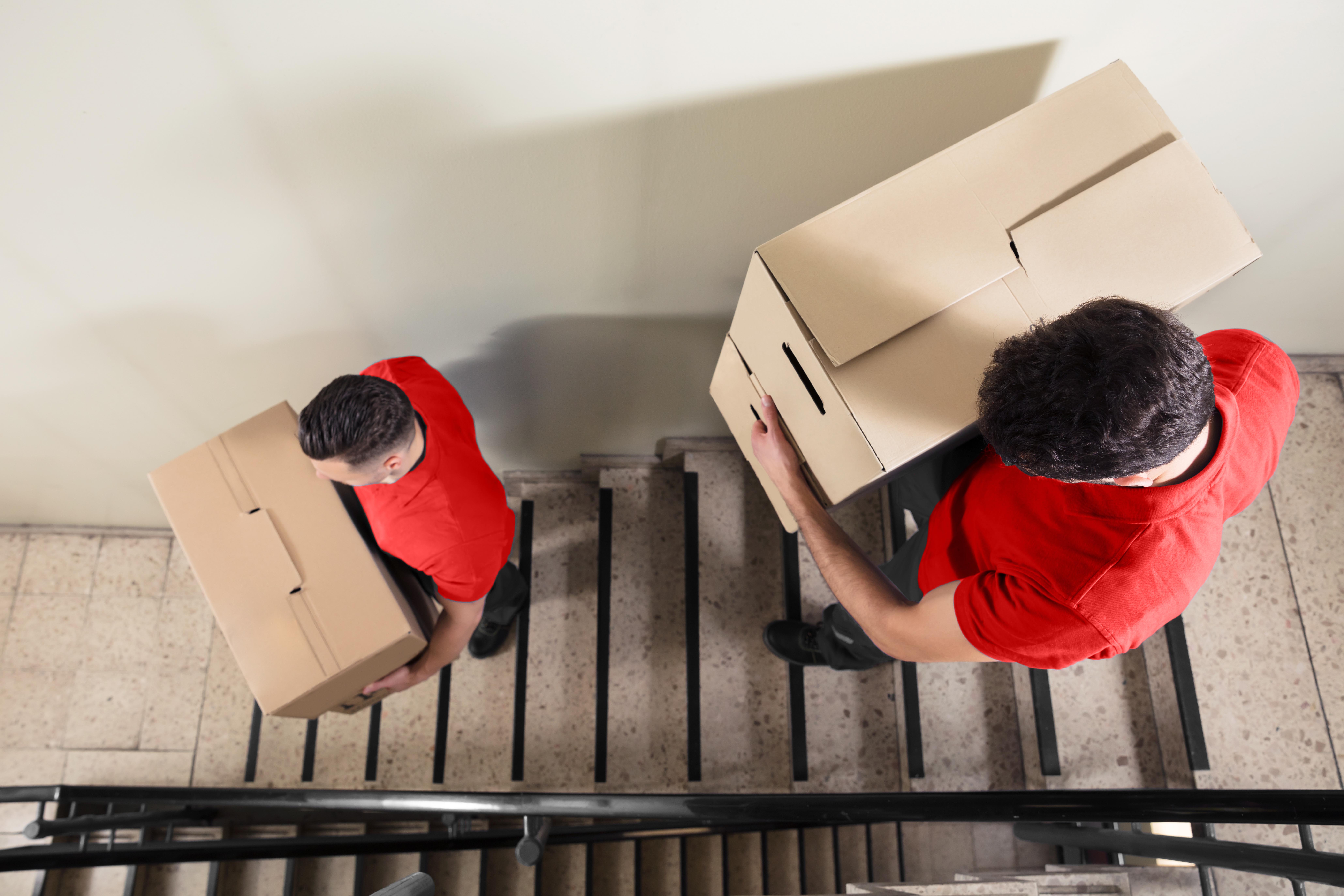 Two Desert Moving movers carrying boxes up staircase in office building