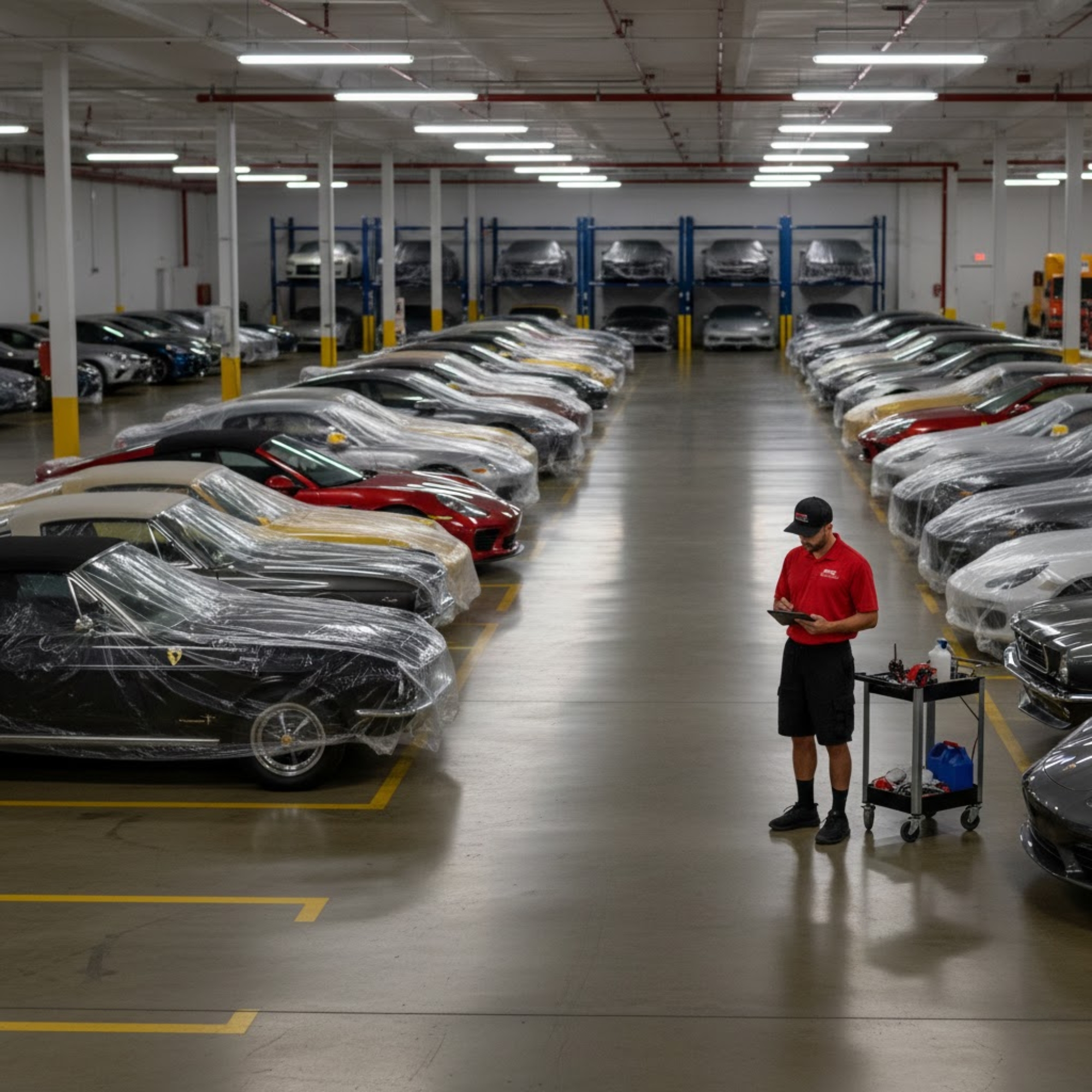 Large indoor car storage facility with covered vehicles and DMC worker