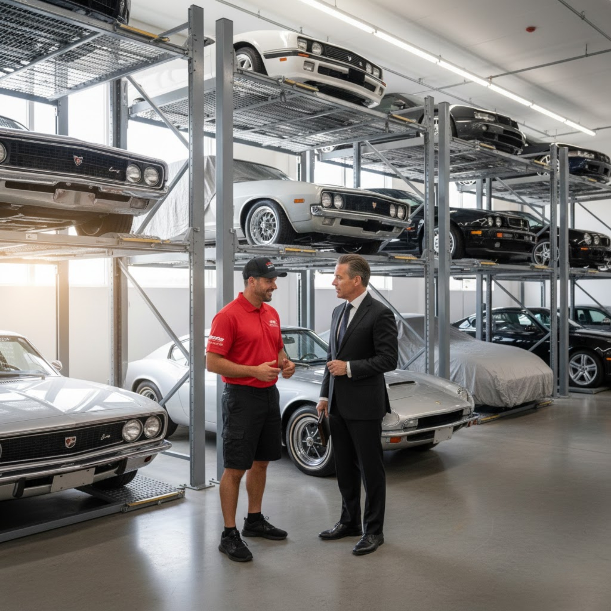 DMC staff member and client inside multi-level classic car storage facility