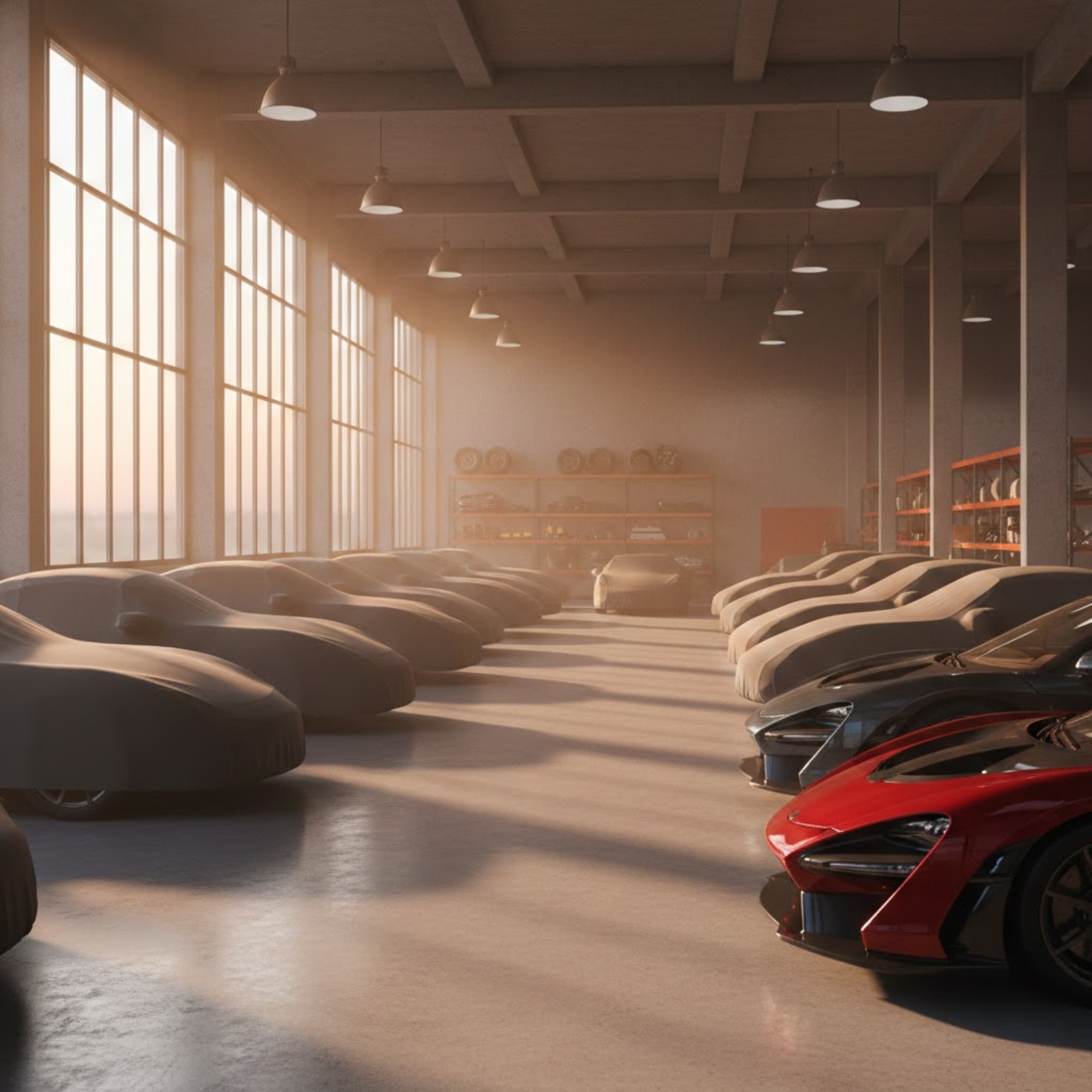Luxury indoor car storage facility with covered vehicles and red sports car