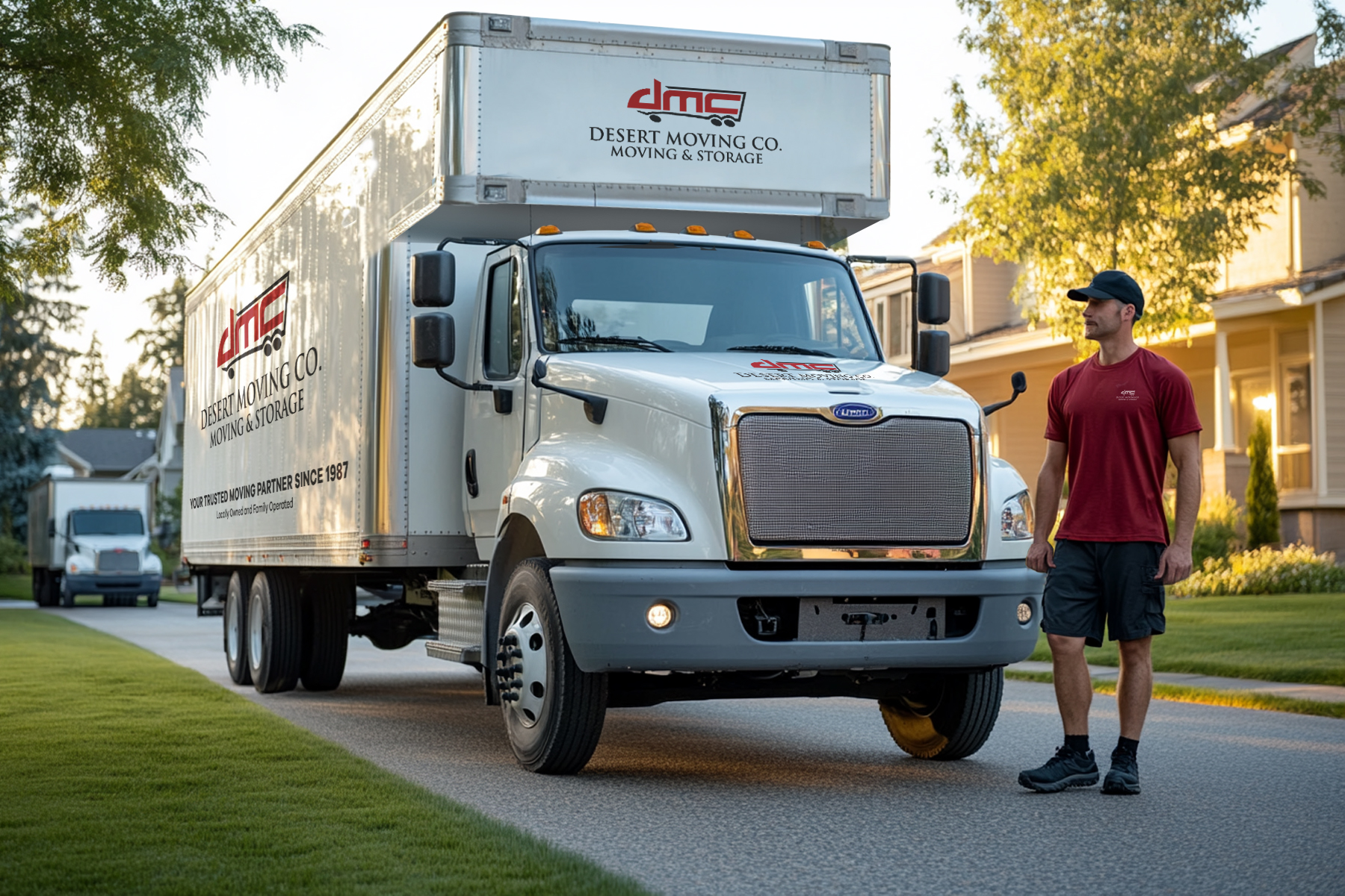 DMC branded moving truck parked in residential driveway