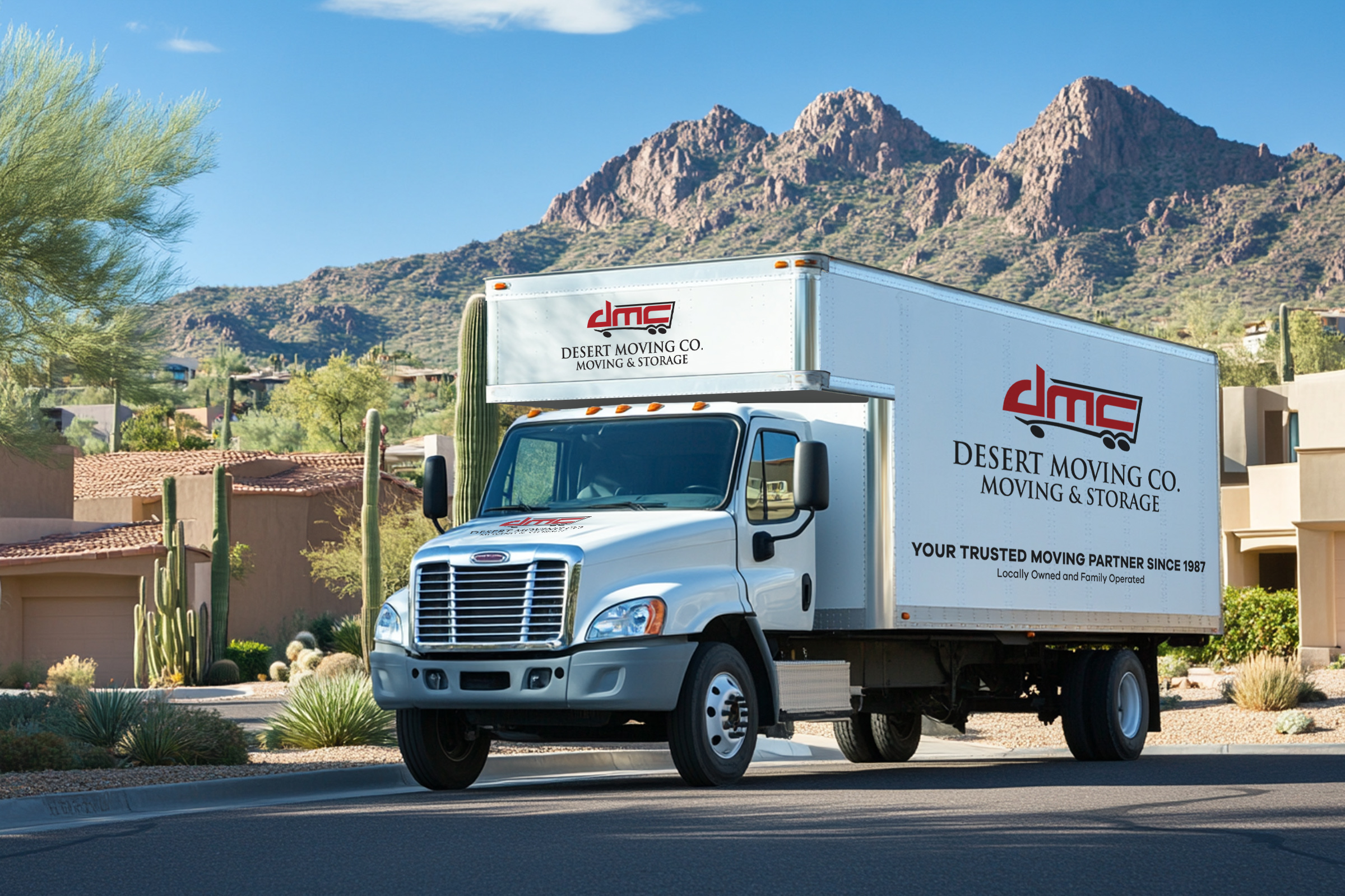 DMC branded moving truck on residential street with desert mountains background