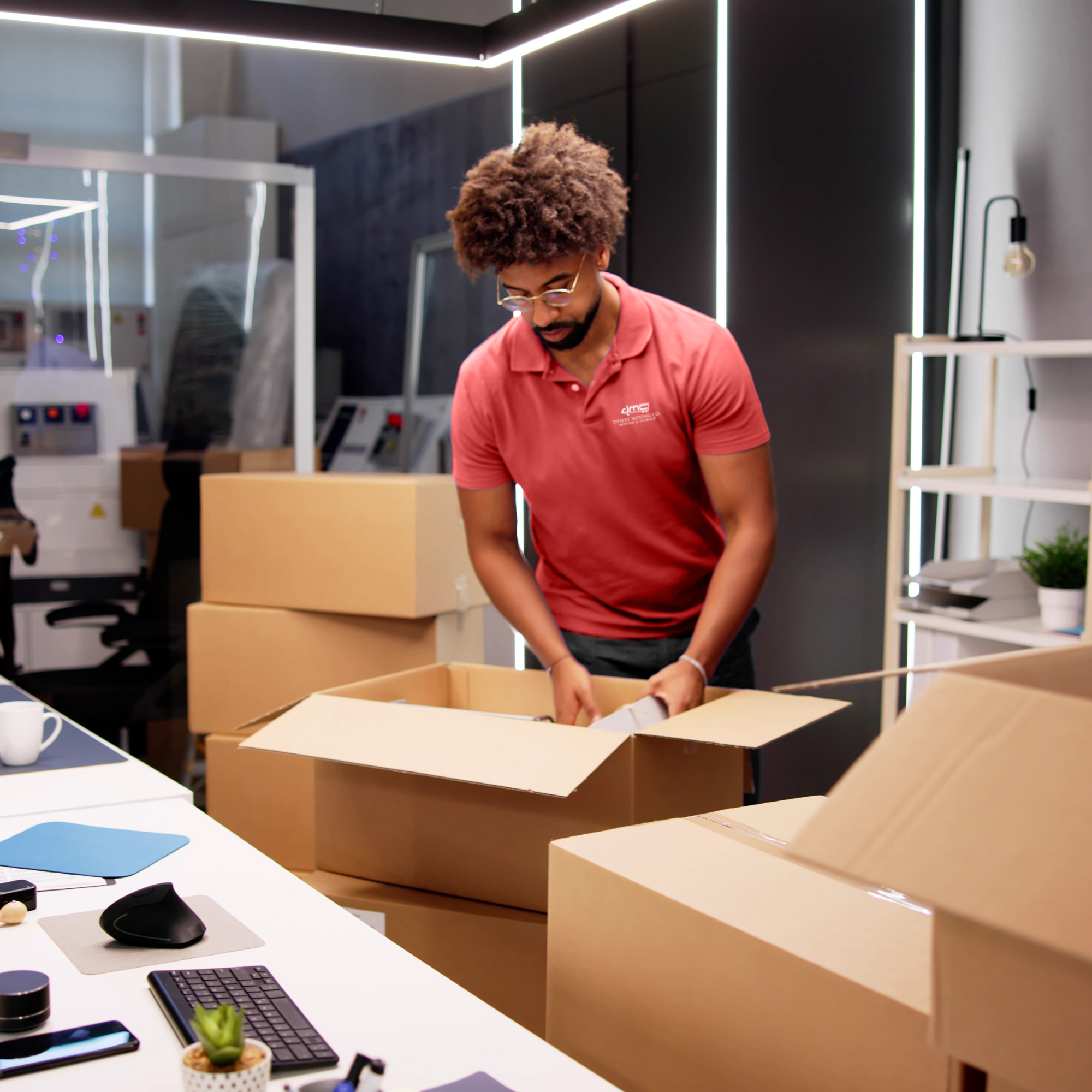 Desert Moving mover packing boxes in modern office during commercial relocation
